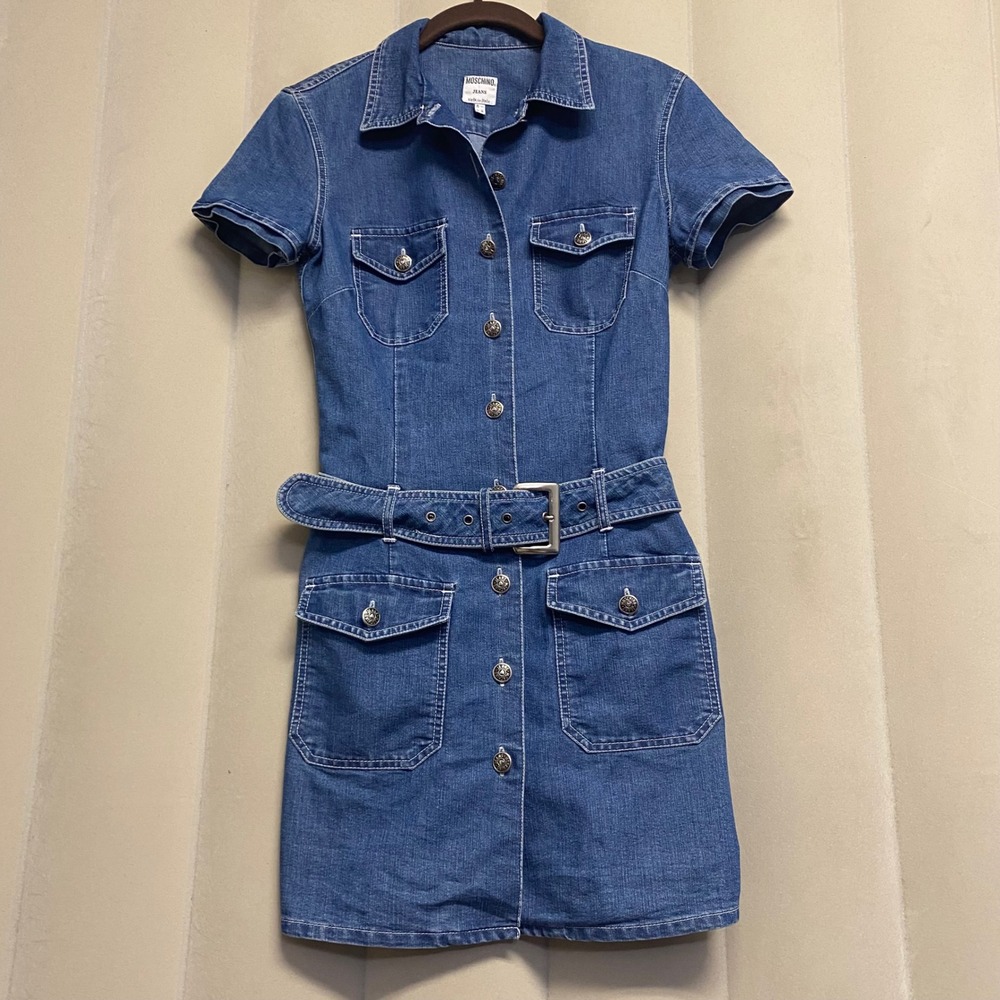 Vintage Moschino Jeans Women's Denim Dress Size 6 Belted Mini Y2K 90s Designer